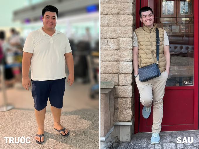 Anh Kha hình trái trước phẫu thuật thu nhỏ dạ dày và hiện tại (bên phải) với thân hình gọn gàng. Ảnh: Bệnh nhân cung cấp